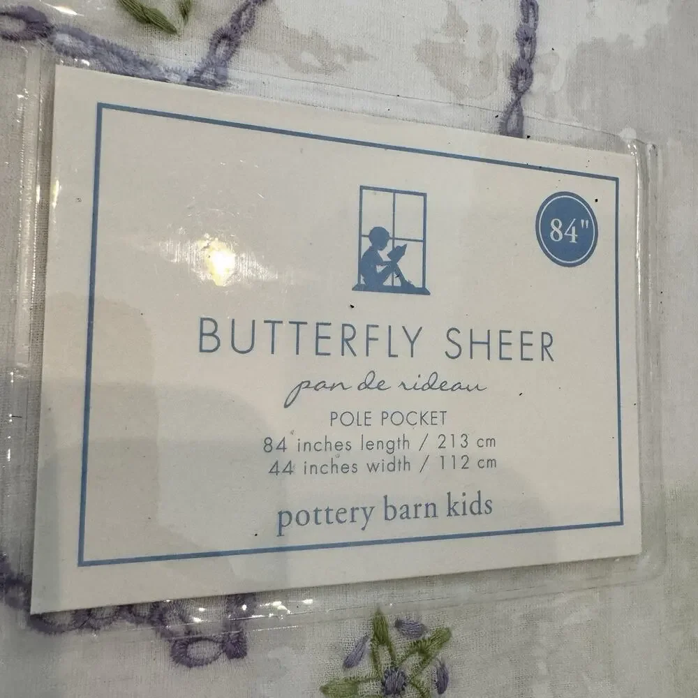 NWT Pottery Barn Curtain Panel Dot Butterfly Lavender Yellow Sheer 84” Pole‎